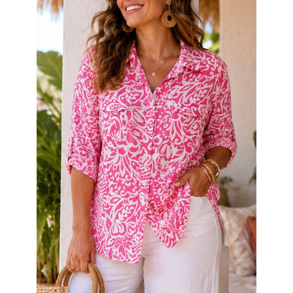 Charter Club Pink White Floral Linen Button Front Roll Tab Shirt Size 16